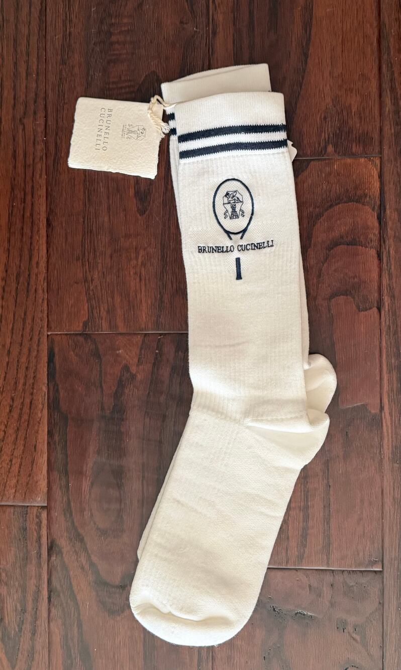 $490 NWT Brunello Cucinelli White Cotton Blend Striped Logo Crew Socks S
